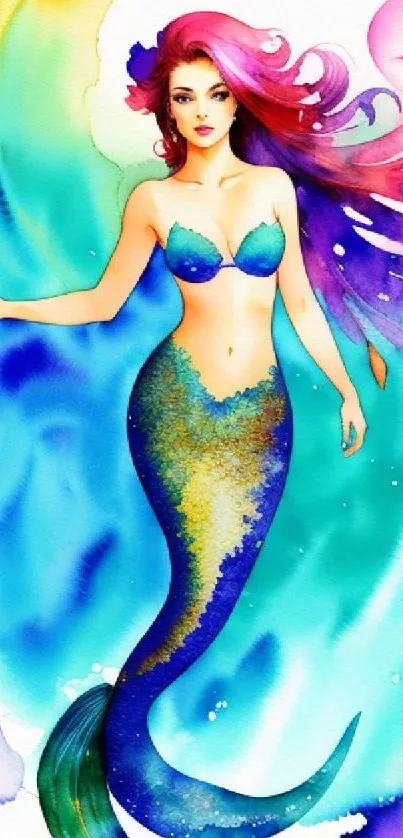 Vibrant mermaid artwork with colorful oceanic background.