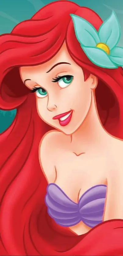 Cartoon mermaid with red hair and a teal hair flower.