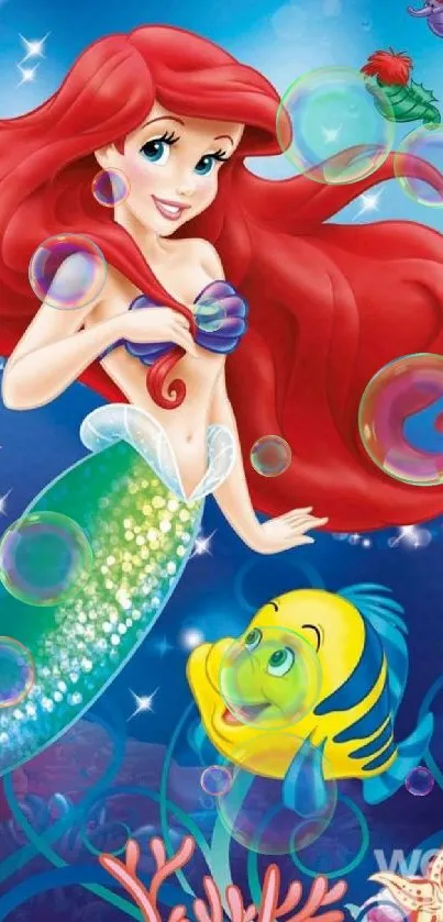 Red-haired mermaid with fish in vibrant ocean scene.