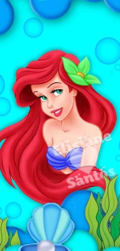 Mermaid cartoon wallpaper with aqua background, bubbles, and vibrant colors.