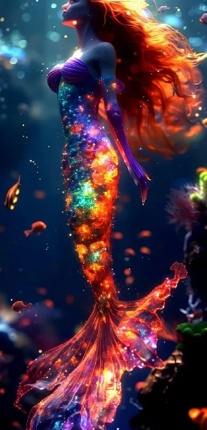 Vibrant mermaid art with glowing colors and underwater scene in navy blue.