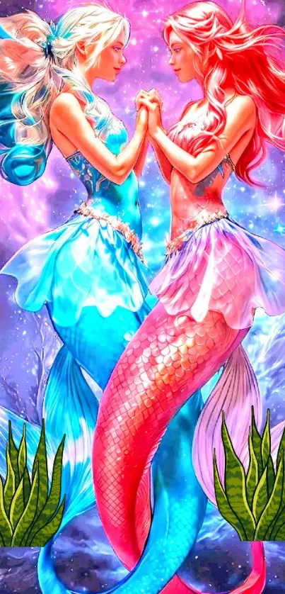 Fantasy mermaid duo with vibrant colors and lush oceanic scene.