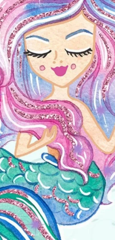 Mermaid with pink and blue hair in fantasy art style.