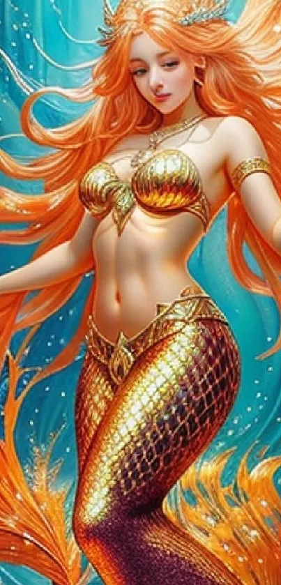 Artistic mermaid with orange hair and golden scales underwater.