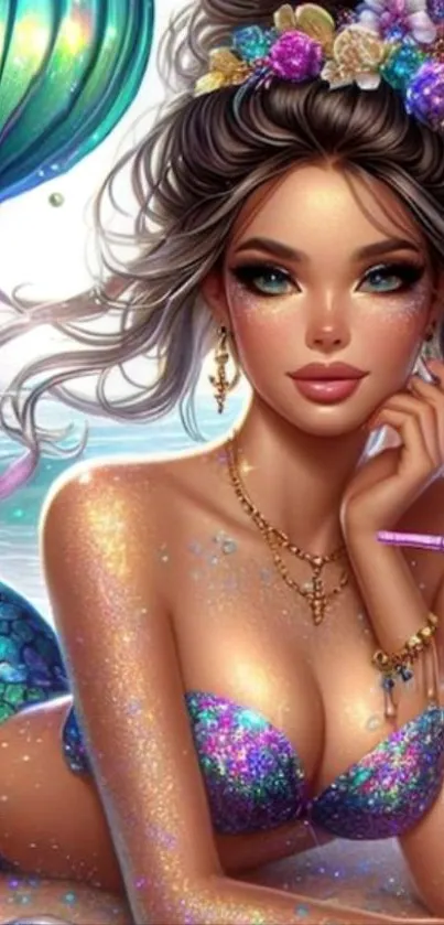 Fantasy mermaid illustration with vibrant colors and sea theme.
