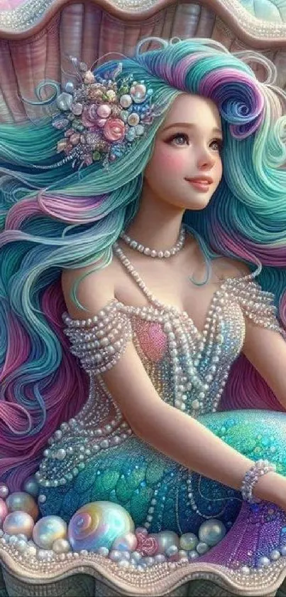 Vibrant mermaid fantasy art with pearls and pastel colors.