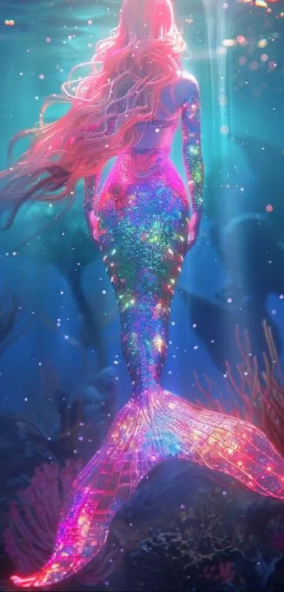 Colorful mermaid in ocean with sparkling tail, vibrant underwater scene.