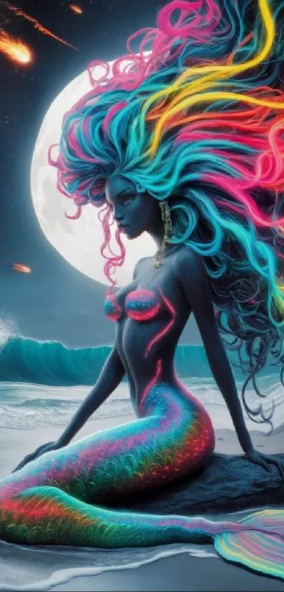 Vivid mermaid resting by the ocean under a glowing moon.