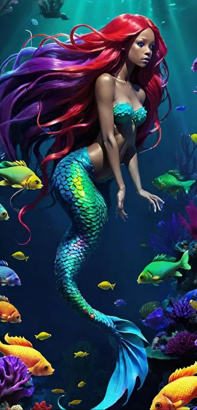 Vibrant mermaid with colorful fish in an underwater fantasy scene.