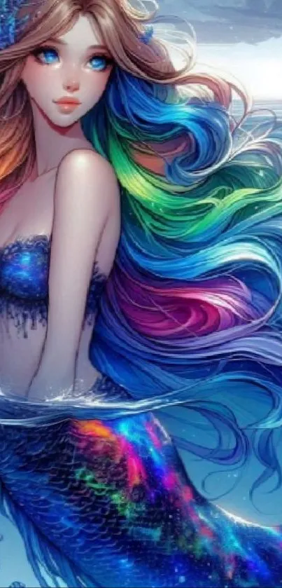 Colorful mermaid with vibrant rainbow hair in ocean.