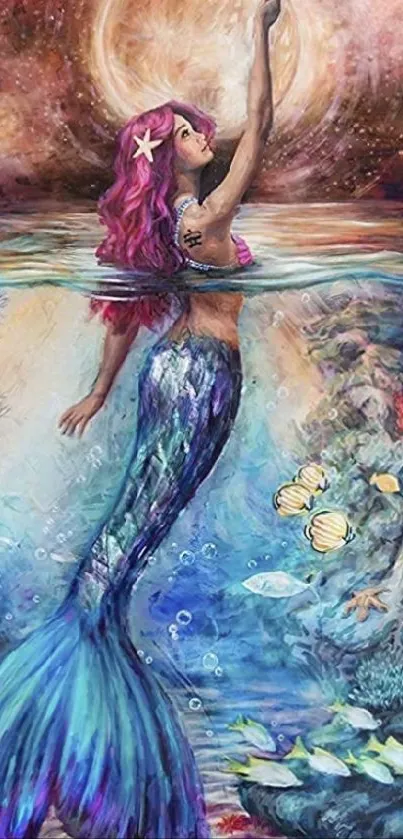 Colorful mermaid reaching for the sun in a fantasy ocean setting.