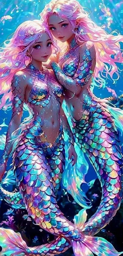 Two enchanting mermaids with colorful scales swim underwater, surrounded by vibrant colors.