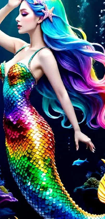 Colorful mermaid with rainbow scales swimming underwater.