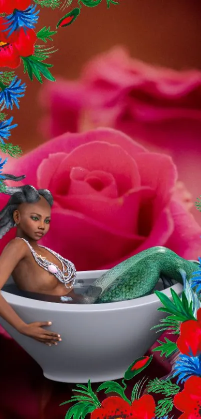 Mermaid in bathtub with vibrant floral surround.