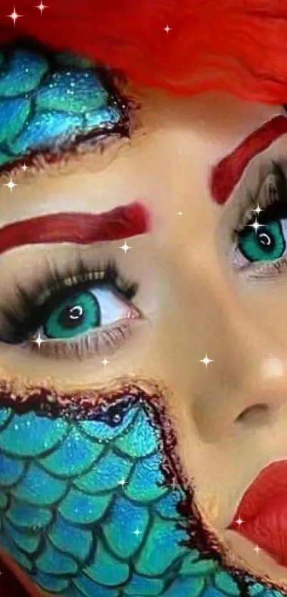 Mermaid-inspired makeup with red hair and blue scales.