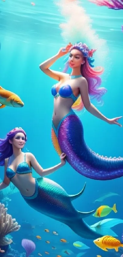 Two mermaids swimming in a vibrant ocean scene with colorful fish and corals.