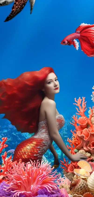 Colorful mermaid with red hair in a vibrant underwater scene.