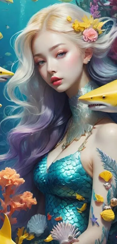 Mermaid surrounded by sharks in a colorful ocean scene.