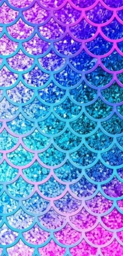 Vibrant mermaid scales wallpaper with purple, blue, and pink gradient.