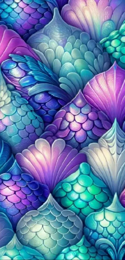 Colorful fantasy-inspired scale pattern wallpaper in purple and teal tones.