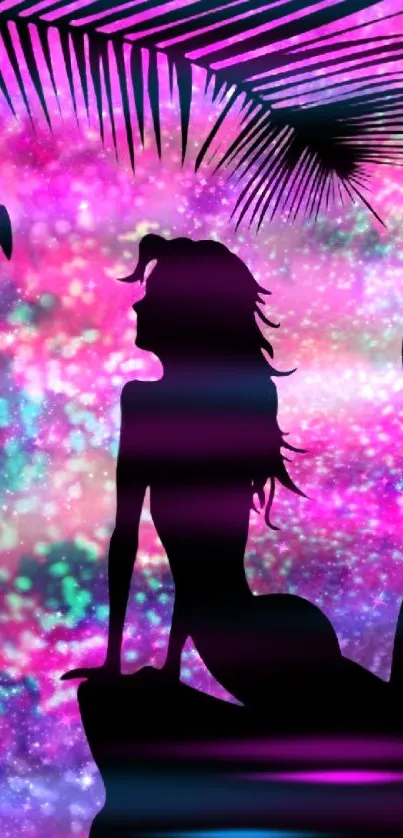 Silhouette of a mermaid in a cosmic, colorful background with tropical leaves.