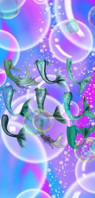 Vibrant mobile wallpaper with mermaid tails and colorful bubbles.