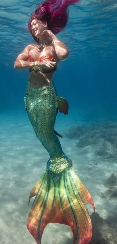 Colorful mermaid swimming underwater with vibrant tail.