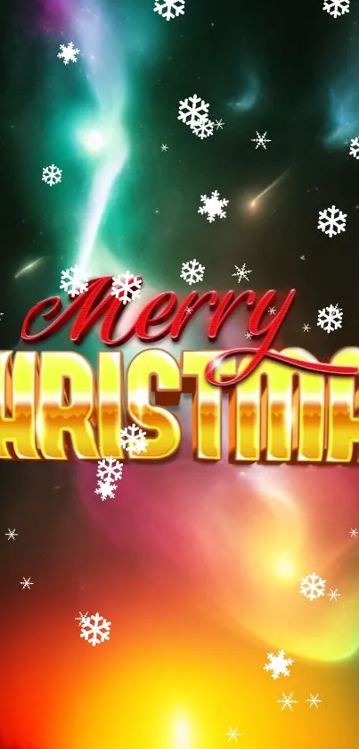 Vibrant Merry Christmas wallpaper with colorful lights and snowflakes.