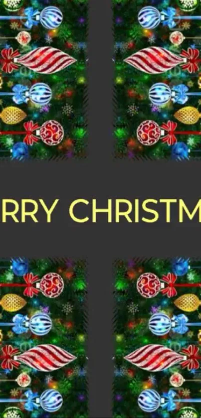 Colorful Christmas wallpaper with vibrant ornaments and Merry Christmas text.