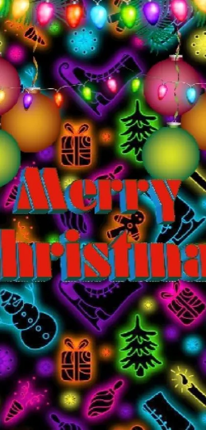 Vibrant Merry Christmas wallpaper with colorful lights and festive decorations.