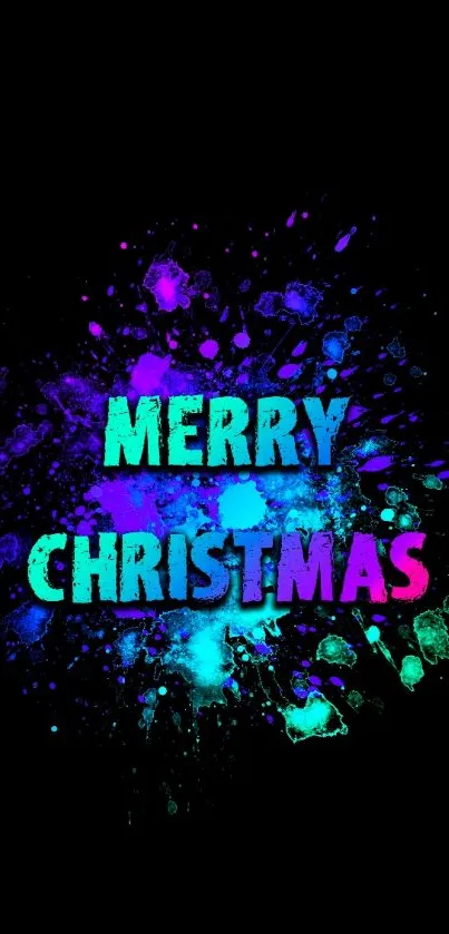 Colorful 'Merry Christmas' text on black background in vibrant splashes.