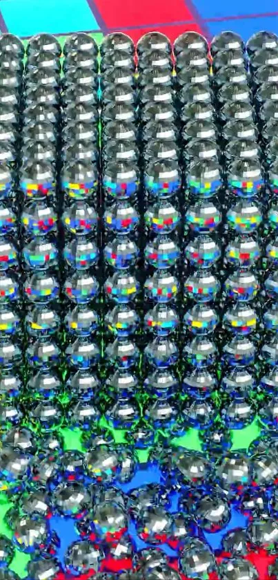 Reflective metal beads on colorful geometric background.