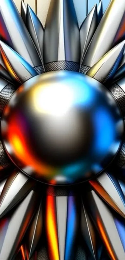 Vibrant metallic abstract art with geometric design in blue, red, and silver hues.