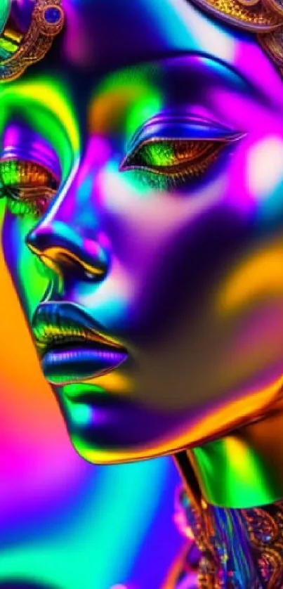 Colorful metallic abstract face art in vibrant digital style.