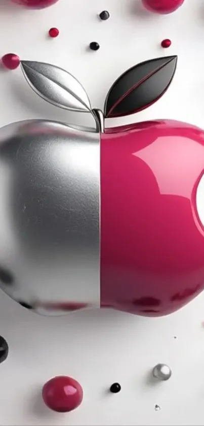Bold pink and silver metallic apple design wallpaper.