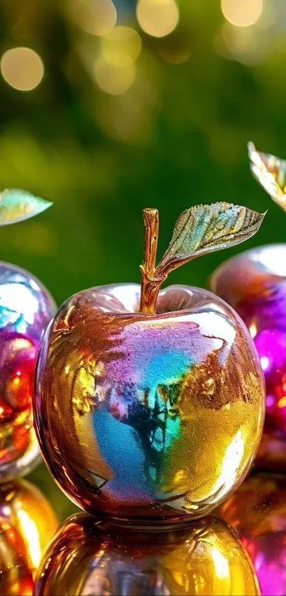 Vibrant metallic apples reflecting light.