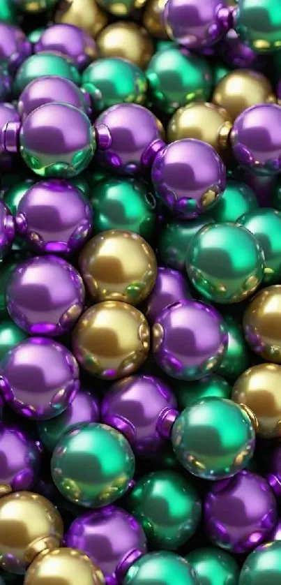 Vibrant purple, green, and gold beads tightly packed.