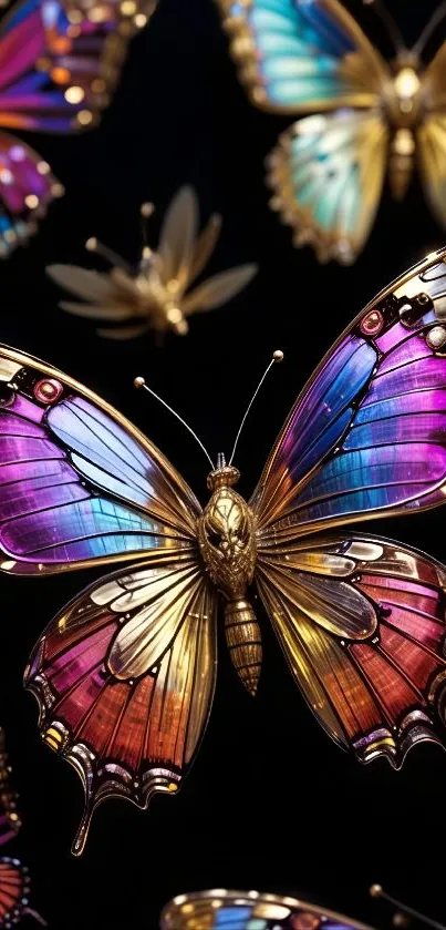 Vibrant metallic butterflies with colorful wings.