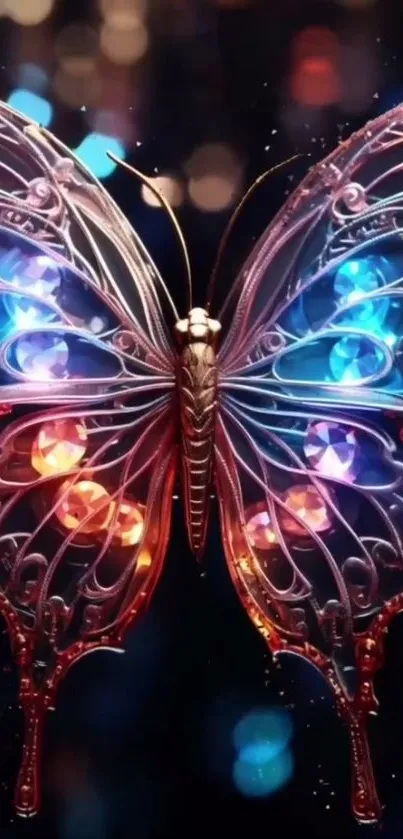 Vibrant metallic butterfly with neon lights on a dark background.