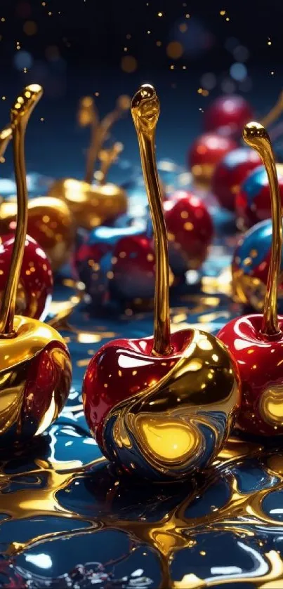 Vibrant metallic cherries with a glossy, reflective gold finish on a phone wallpaper.