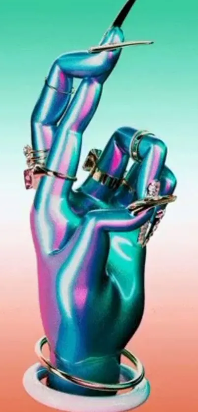 Metallic hand with rings on gradient background.