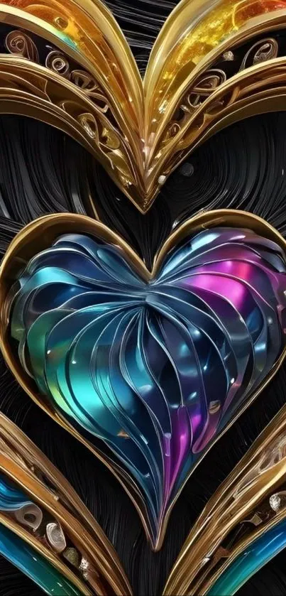 Colorful metallic heart with gold ornate design in 3D texture.