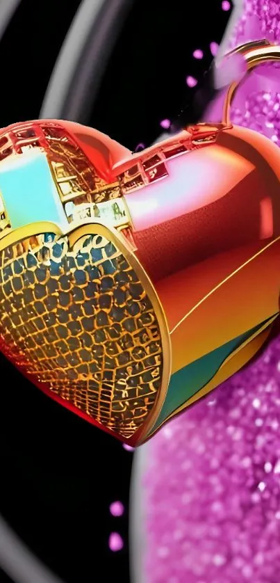 Vibrant 3D metallic heart on a pink sparkling background for mobile wallpaper.