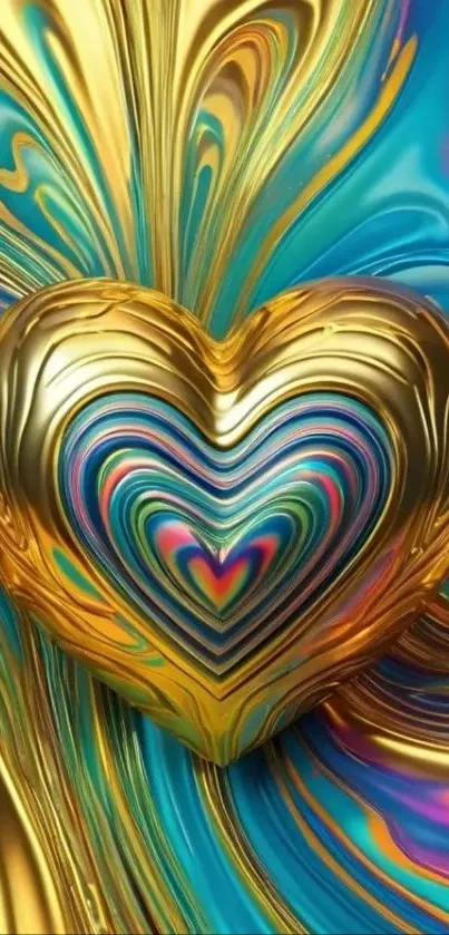 Vibrant metallic heart on colorful swirl background.