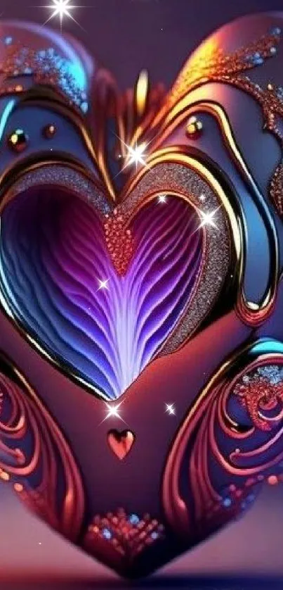 Vibrant metallic heart with intricate details and colorful design.