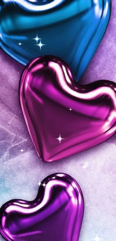 Vibrant metallic hearts on purple and blue background.