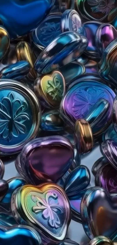 Vibrant metallic hearts with multicolored design