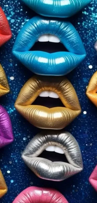 Vibrant metallic lips on a starry blue background wallpaper.