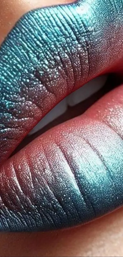 Close-up of metallic gradient lips with vibrant teal and red hues.