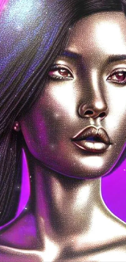 Metallic female portrait on vibrant magenta background, modern art wallpaper.